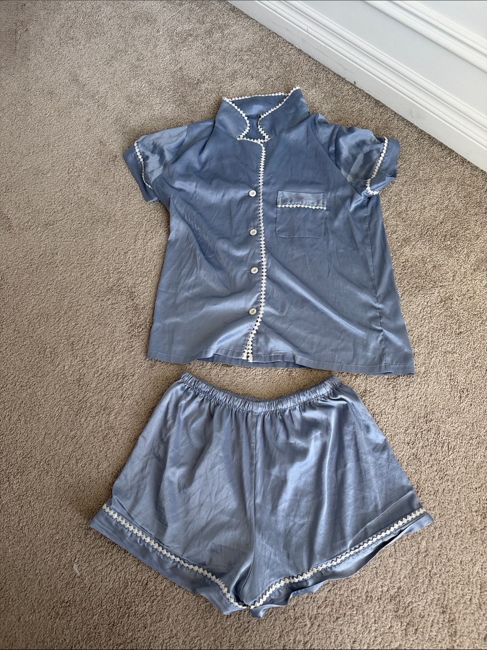 Blue slate  Satin Short-Sleeve Pajama Set with Contrast Trim